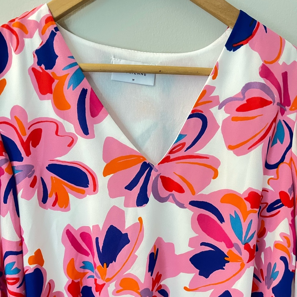 Adrienne Vibrant Floral V-Neck Blouse - Pink and Blue - Picture 3 of 6